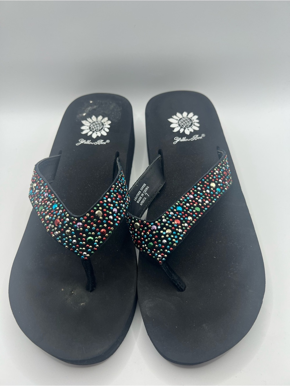 Yellow Box Black Rhinestone Thong Wedge Leather Sandals Women's Size 7